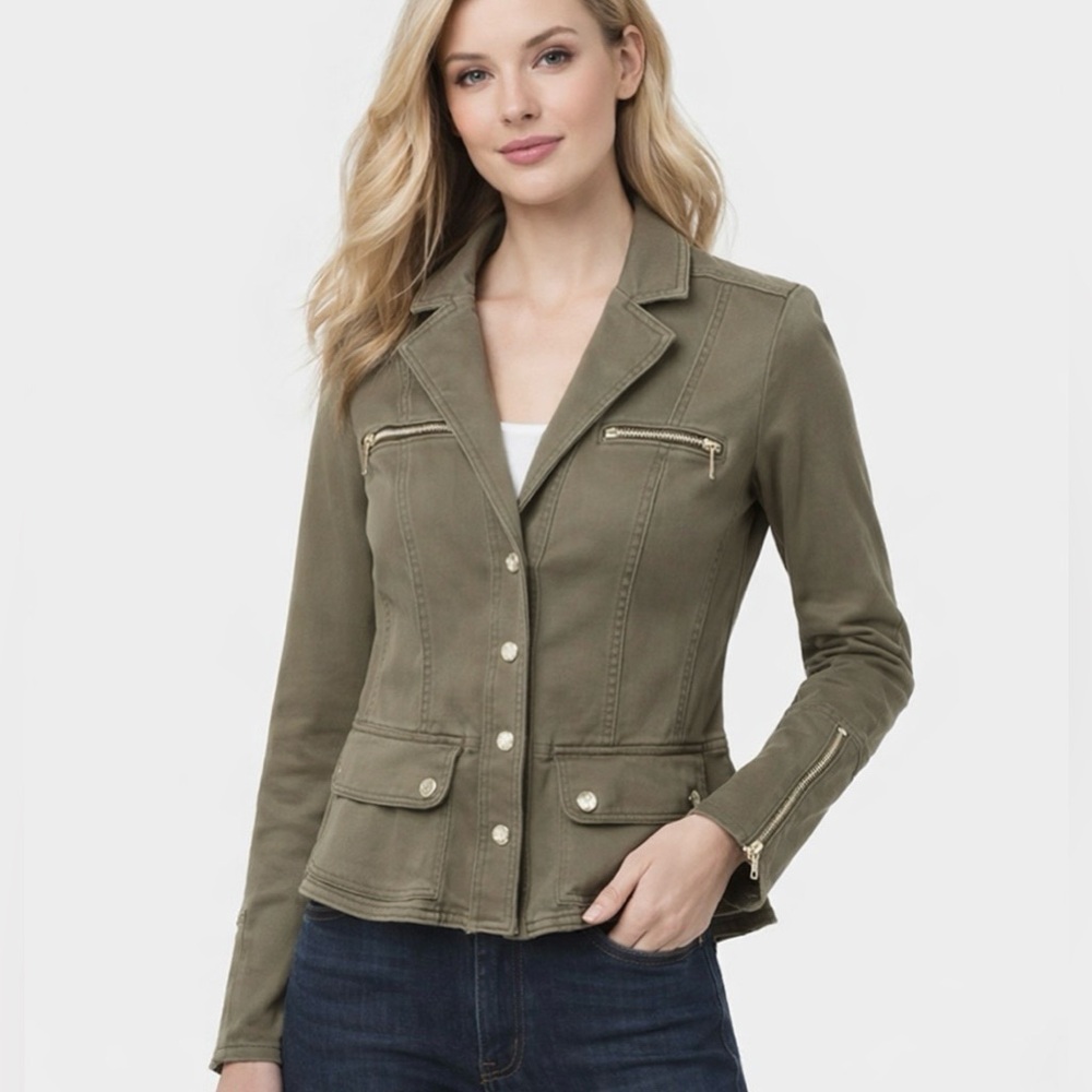 WHBM Womens Khaki Green Utility Jacket Peplum Hem Zip Pockets Size 4 Zip Sleeves